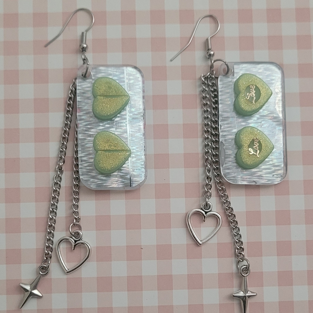 Silver and Green Heart Dangle Earrings